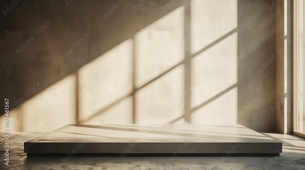Poster A minimalist interior space featuring a large window and a raised platform, perfect for use in architectural or design-related contexts