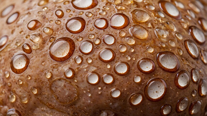 Close-up of water droplets on a surface, highlighting the detailed texture and patterns with warm tones.