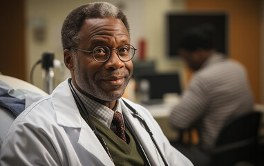 A man in a white lab coat and glasses is sitting in a room. He is smiling and he is happy