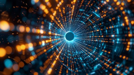 Obraz premium Digital Symphony Futuristic HighTech Tunnel with Glowing Lights and Motion Blur Innovative Technology Concept Art in Blue and Orange Hues Abstract Digital Network Design Nikon D750 35mm Lens