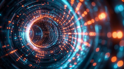 Obraz premium Digital Fusion Vibrant HighTech Tunnel of Tomorrow Illuminated Network of Motion and Depth in Blue and Orange Lights Sony A7R IV 50mm Lens for Detailed Artistry