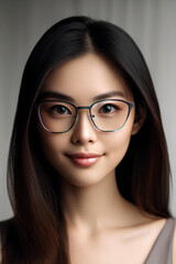 Fototapeta premium A vertical portrait of a young Asian woman wearing glasses, with a slight smile