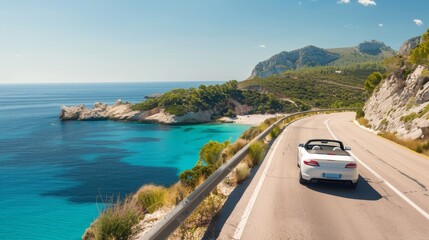 Obraz premium Person driving in a white car on a coastal road in summer enjoying scenic beachside highway with views of the coastline. Perfect for a summer vacation drive or a road trip to Spain.
