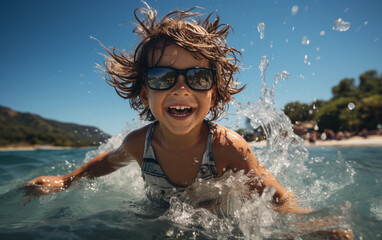 A young girl is splashing in the water, wearing a striped swimsuit and sunglasses. She is smiling and enjoying herself