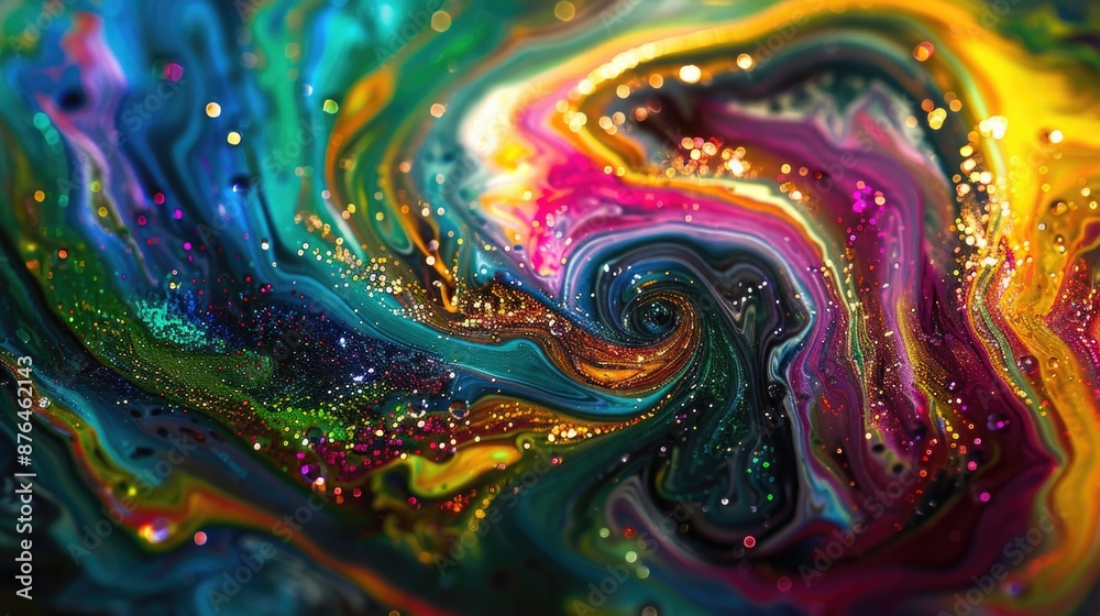 Poster a close-up view of a vibrant and abstract liquid painting with swirling colors