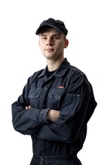 A person wearing a blue shirt and black hat, possibly for casual or outdoor activities