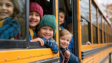 Obraz premium A group of children are smiling and posing for a picture on a school bus