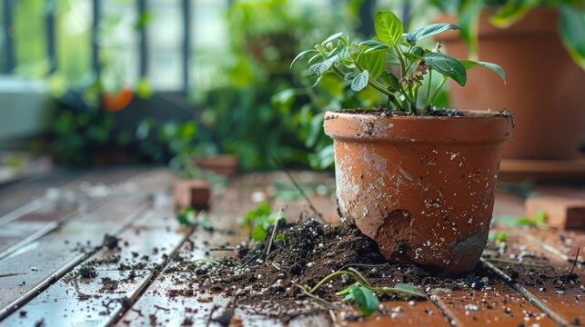 Broken clay pot with plant. A broken clay pot with a small green plant inside, surrounded by scattered soil on a wooden floor.