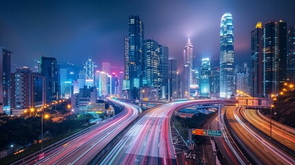 Fototapeta premium A city at night with a freeway in the middle