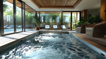 A large pool with a waterfall and a few lounge chairs