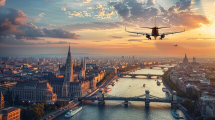 A plane is flying over a city with a river below