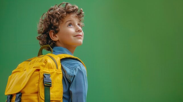 A young boy wearing a yellow backpack is looking up at the sky