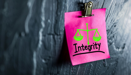 "Integrity" written on a pink sticky note with a scale illustration, representing ethics and honesty