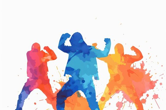 A bright watercolor illustration of Zumba, highlighting a highenergy class with participants dancing to Latin beats, isolate on white background with copy space