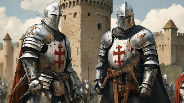 Medieval knights in armor stand guard at castle gates under fluttering banners.