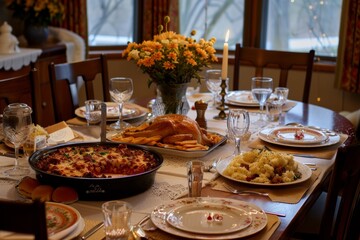 Fototapeta premium Beautifully Decorated Table with Comfort Foods Ready for a Family Meal - Ideal for Holiday Gatherings