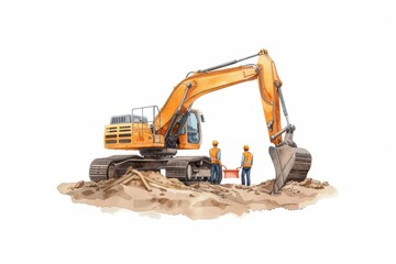 A bright watercolor illustration of construction, showing workers and machinery actively building a new development, isolate on white background with copy space