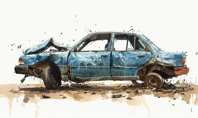 Fototapeta premium Rusty damaged car illustration. rusty, damaged car with missing wheels and broken windows, depicting an old abandoned vehicle.