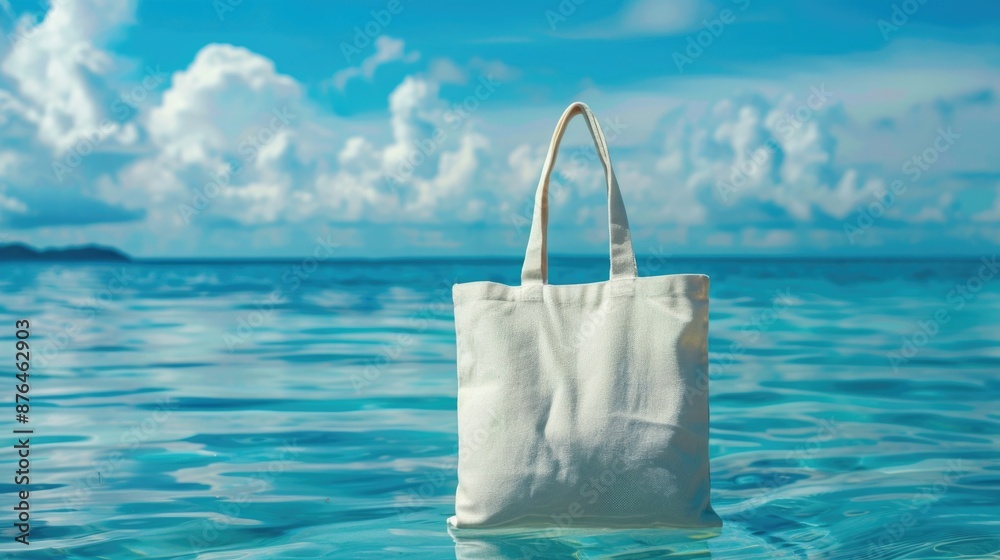 Poster a tote bag floating in the middle of the ocean, perhaps lost or abandoned