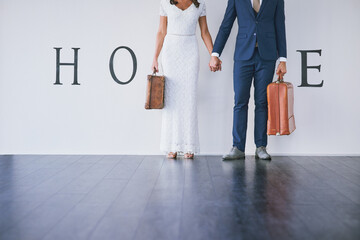 New home, mortgage and people holding hands in marriage, luggage or moving in together for trust....