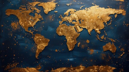 A striking image of a world map with continents depicted in splattered gold paint on a deep navy blue background, blending artistic creativity with geographical accuracy.