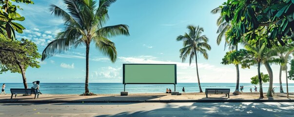 Sunny Seaside Billboard Mockup Vibrant Green Screen Ad on Beach Promenade with Ocean View and Palm Trees Nikon D850 35mm Lens