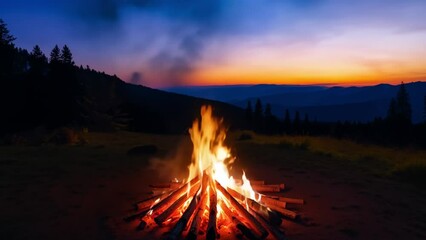 A fire is burning in a pile of wood in a field. The sky is orange and the sun is setting