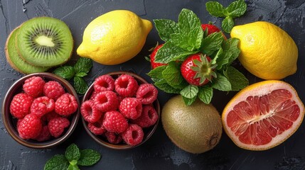 A beautiful arrangement of assorted fruits including raspberries, lemons, kiwis, and a grapefruit, complemented by green mint leaves, showcasing a vivid and healthy selection.