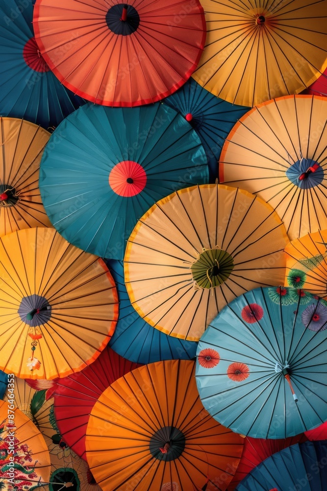 Poster A vibrant and playful display of colorful umbrellas suspended from the ceiling, perfect for adding a pop of color to any room or event