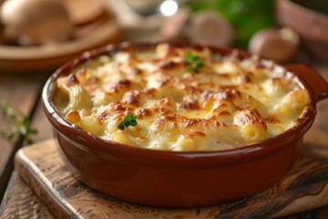 Golden Baked Macaroni and Cheese in a Rustic Setting - Comfort Food for Cozy Dining Experiences