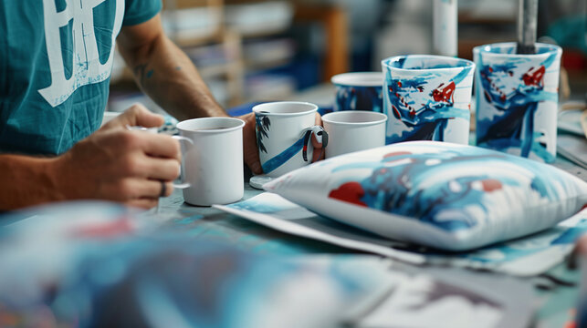 close-up of technician inspecting printed products for quality assurance, white mugs with customized designs, creative POD business