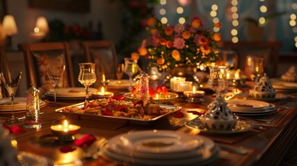 Enchanting Diwali Feast Exquisite Table Setting with Traditional Dishes Decor and Candles Celebrating Togetherness and Joy