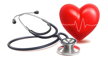 Stethoscope and hearth with heartbeat line