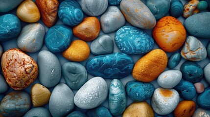 A collection of assorted colorful stones, including blue, orange, and grey ones, displayed in a neat and organized pattern, symbolizing unity and diversity in nature's beauty.