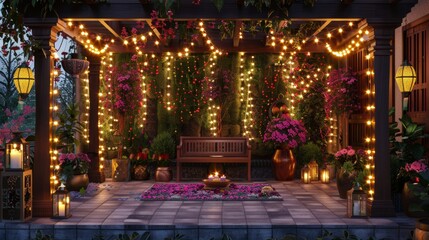 Enchanting Diwali Outdoor Decor Vibrant Lights Lanterns and Flowers Transforming Spaces with Festive Joy and Warmth