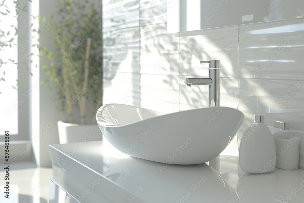Poster a simple bathroom sink sits under a window, ready for use