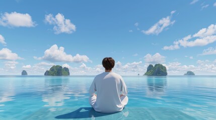 Fototapeta premium A hightech beachside wellness retreat offers enchanted yoga sessions on a strange beach where the air is filled with soothing magical energies and the horizon is adorned with float