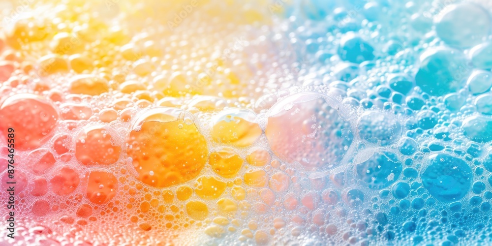 Poster Close-up view of soap bubbles floating on a vibrant and textured surface