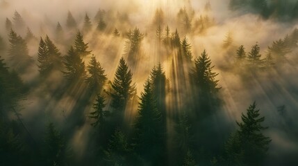 Fototapeta premium Sunrise over misty forest with sun rays shining through the fog