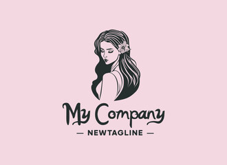 Black and white image of a beautiful girl with flowers tucked in her ears, suitable for those who are looking for a logo of a beauty salon, spa etc.