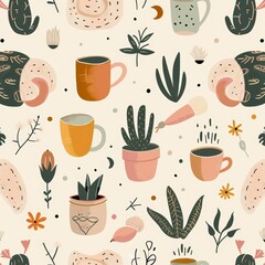 Cozy Comfort Zone Seamless Pattern with Blankets, Warm Drinks, and Plants in Soft Pastel Colors