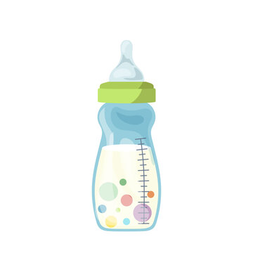 Water, milk or liquid porridge baby bottle with sucking silicon nipple isolated on white background