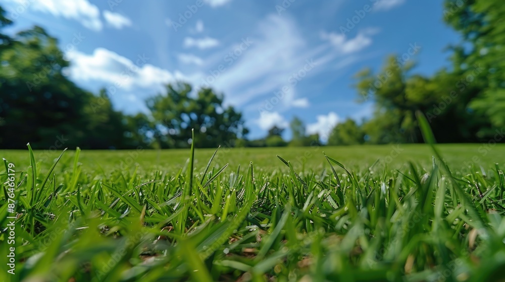 Poster a green lawn with trees in the background