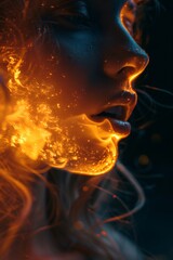 Profile of a woman's face with fiery light effect on dark background. Digital art for design and print. Fire and beauty concept.