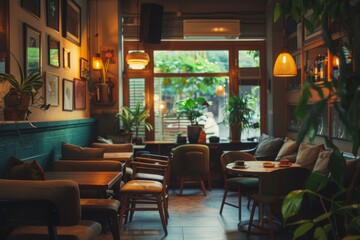 Cozy Cafe with Comfortable Seating, Warm Lighting, and Relaxed Atmosphere for Unwinding