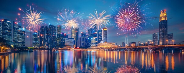Cityscape Spectacular Glittering Fireworks Dance Over Urban Skyline in New Year 2025 Celebration Canon EOS R5 50mm Lens