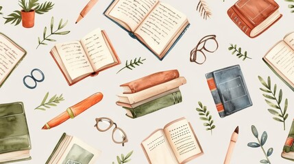 A soft watercolor rendering of selfimprovement, showing books, goals, and activities aimed at personal growth and betterment, isolate on white background with copy space