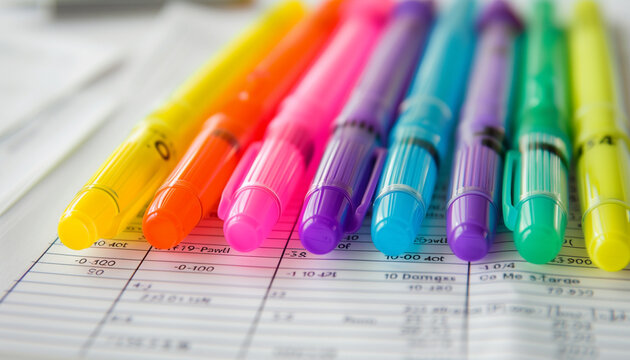 Multicolored highlighters lined up on financial documents, symbolizing office supplies and data analysis