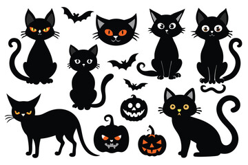 Obraz premium Happy Halloween. Mega set of black cat with yellow eyes in different poses with a pumpkin, on a broomstick, in a hat of a witch and other elements isolated on a white background. Cartoon, vector