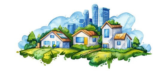 Fototapeta premium A vibrant watercolor depiction of sustainable architecture